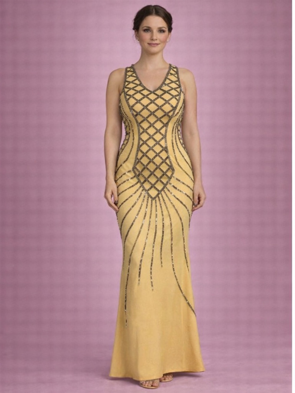 Sleeveless Yellow/Mustard with Pewter Beaded Prom Gown - Women's Evening Dress